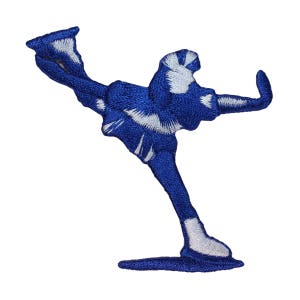 May include: Blue embroidered iron-on patch of a figure skater in a white and blue costume, with one leg extended and the other on an ice skate.