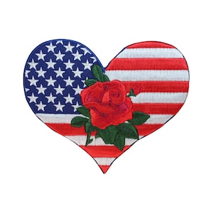 May include: A red, white, and blue heart-shaped patch with an embroidered American flag and a red rose.