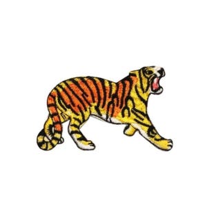 May include: An embroidered iron-on patch of a yellow and orange tiger with black stripes, walking and roaring.