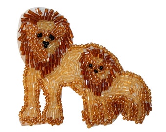 ID 8931 African Lion With Cub Patch Wild Zoo Baby Animal Beaded Iron On Applique