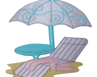 May include: An embroidered patch depicting a beach scene with a blue and white striped beach chair, a blue and white striped umbrella, and a yellow sandy beach.