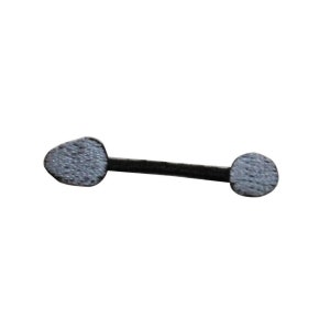 May include: A black elastic band with two gray, round ends. The band is about 1.5 inches long.