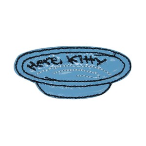 May include: A blue embroidered patch with the text "Here Kitty Kitty" in black thread.