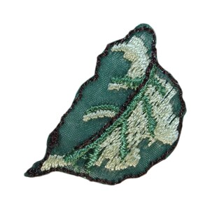 May include: A green and white embroidered leaf applique with a brown outline. The leaf is made of a sheer fabric and has a delicate, intricate design.