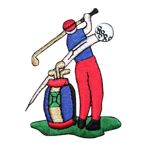 May include: Embroidered patch featuring a golfer in action, swinging a club. The figure is dressed in a blue shirt, red pants, and a red cap. A golf bag and ball are also visible. The patch is on a green, grassy base.