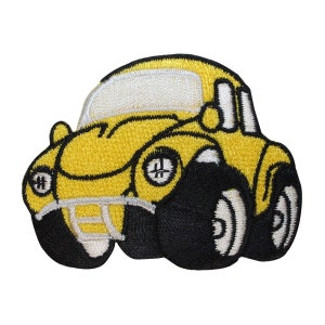 May include: Yellow embroidered iron-on patch of a cartoon car with black tires and white accents.