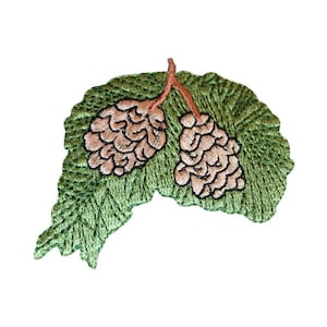 May include: Embroidered patch featuring two pine cones on a green leaf background. The pine cones are a light brown color with detailed stitching.