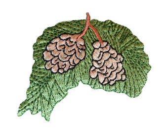 ID 7179 Pinecones On Tree Branch Patch Evergreen Embroidered Iron On Applique