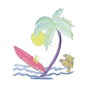 Peut inclure: Patch brodé représentant un bateau à moteur rose avec deux personnages à bord, un palmier avec un soleil jaune et deux dauphins jaunes sautant hors de l'eau.