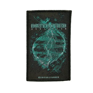 May include: Black and teal embroidered patch with the band name "Disturbed" and the text "Evolution" in white. The patch features a stylized skull design with a lightning bolt.