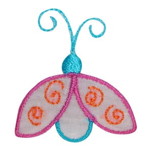 Può includere: Un'applicazione a forma di farfalla bianca con accenti rosa e blu. La farfalla ha disegni a spirale arancioni sulle ali.