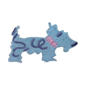 May include: A blue embroidered iron-on patch of a dog with a pink collar. The dog has a curly tail and a playful expression.