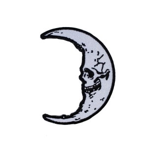 May include: A black and white embroidered patch of a crescent moon with a skull face.