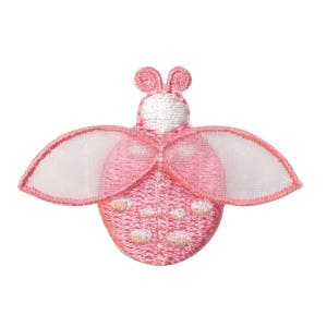 May include: Pink embroidered ladybug with white wings and white polka dots. The ladybug is a popular children's theme.