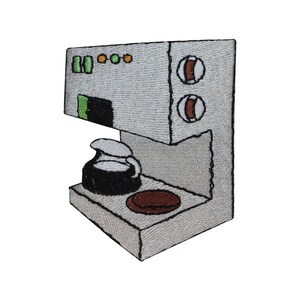 May include: A white and gray embroidered patch of a coffee maker with a brown coffee pot and a brown disc on the bottom.