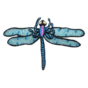 May include: A blue and black embroidered dragonfly with a light blue and white patterned body. The dragonfly has a pink and yellow head.
