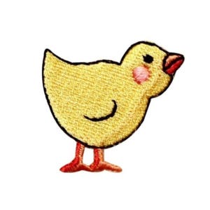 May include: An embroidered yellow chick with red legs and a pink blush on its cheeks.