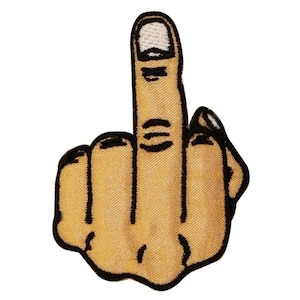 May include: A yellow embroidered patch of a middle finger with black outlines. The finger is raised and the other fingers are curled.