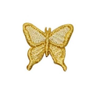 May include: A gold embroidered butterfly applique patch. The butterfly is outlined in gold thread and has a white center.