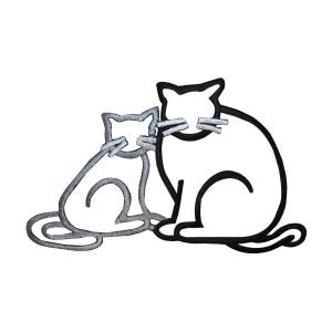 May include: Line drawing of two cats, one larger than the other, sitting side by side. The larger cat is black and the smaller cat is gray.