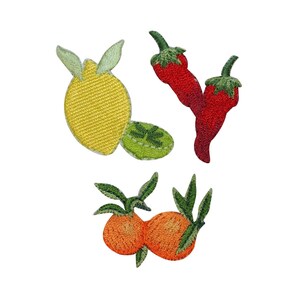May include: Embroidered iron-on patches featuring a lemon, two chilli peppers, and two oranges. The patches are perfect for adding a touch of whimsy to clothing, bags, or other fabric items.