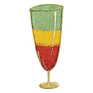 May include: An embroidered iron-on patch of a green, yellow, and red layered drink in a stemmed glass.