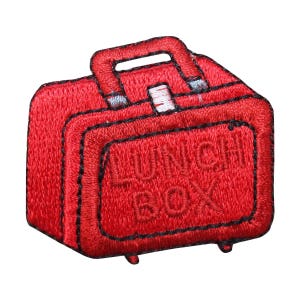 May include: Red felt lunchbox patch with black stitching and the words "Lunch Box" embroidered in white.