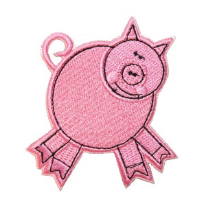 May include: Pink embroidered iron-on patch of a cartoon pig with black outlines. The pig has a curled tail, short legs, and a smiling face.