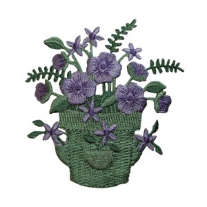 ID 7049 Lila Blume im Topf Pflanzen Aufnäher Garten gestickt Applikation zum Aufbügeln