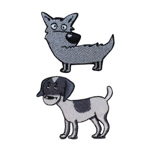 May include: Two embroidered iron-on patches of cartoon dogs. The first patch is a gray wolf with a black nose and eyes. The second patch is a black and white spotted dog with a black nose and eyes.