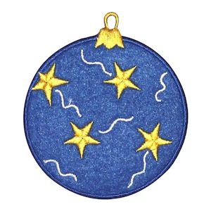 May include: A blue Christmas bauble with a gold top and five yellow stars. The bauble is decorated with white swirls.