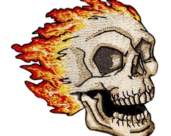 Flaming Skull Biker Patch Tattoo Death Face Fire Embroidered Iron On Applique