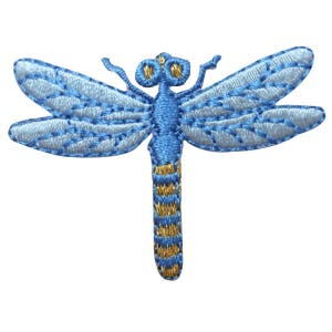May include: Blue and gold embroidered dragonfly iron-on patch.