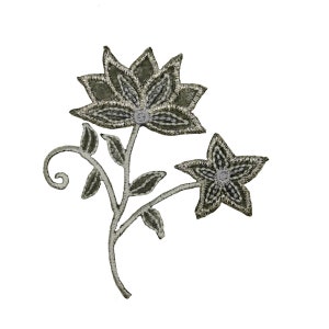 May include: A silver and green embroidered floral applique with two flowers and a stem with leaves.