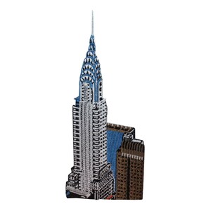 May include: An embroidered patch featuring a detailed depiction of the Chrysler Building in New York City. The building is rendered in shades of blue, white, and brown, with a pointed spire and a distinctive Art Deco design.