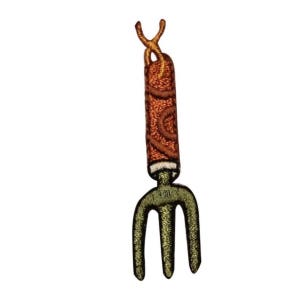 May include: An embroidered iron-on patch of a gardening tool. The patch is green and brown and depicts a hand rake with a wooden handle.