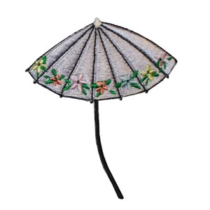May include: A white embroidered patch of a parasol with a black handle and a floral border.