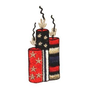 May include: Three red, white and blue candles with gold stars and black stripes. The candles have black flames.