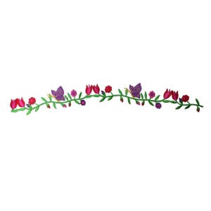 May include: A purple butterfly with gold accents flies over a green vine with pink flowers and leaves.