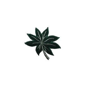 May include: A dark green embroidered patch of a stylized leaf with a white outline.