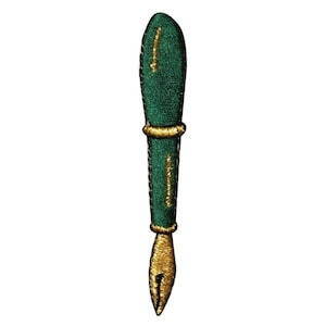 May include: A green and gold embroidered iron-on patch of a fountain pen.