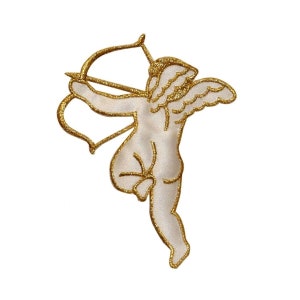 May include: Gold embroidered iron-on patch of a cupid with wings and a bow and arrow.