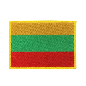 May include: A rectangular patch featuring the flag of Lithuania. The flag design consists of three horizontal stripes: gold at the top, green in the middle, and red at the bottom. The patch has a yellow border.