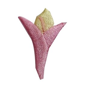 May include: A pink and yellow embroidered flower applique. The flower is a stylized tulip shape with a pointed center.