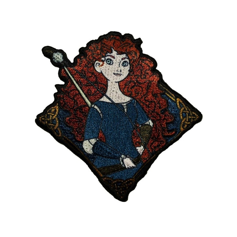 May include: Embroidered patch featuring a red-haired woman with a bow and arrow, set against a dark background with Celtic knotwork.
