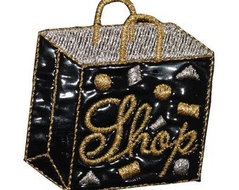 ID 8383 Shiny Black Shopping Bag Patch Vinyl Fashion Embroidered IronOn Applique