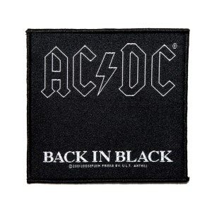 May include: Black and white embroidered patch with the band name "AC/DC" and the album title "Back in Black".