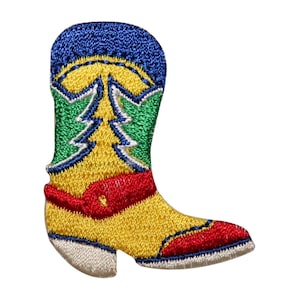 May include: A colorful embroidered patch of a yellow cowboy boot with a red band, green and blue accents, and white stitching.