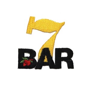 May include: A yellow embroidered number seven with a black embroidered word "BAR" below it. A small red and green embroidered cherry is on the "B".