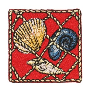 May include: A red fabric patch with a gold rope border. The patch features three embroidered seashells: a large scallop shell, a smaller conch shell, and a spiral shell.